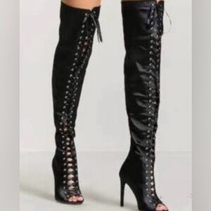 Lov Mark over the knee satin lace up open toe Pin Up Sexy black boots 6 Madonna